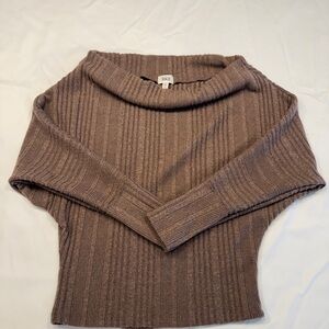 BKE Off-the-Shoulder Ribbed Sweater in Taupe Brown